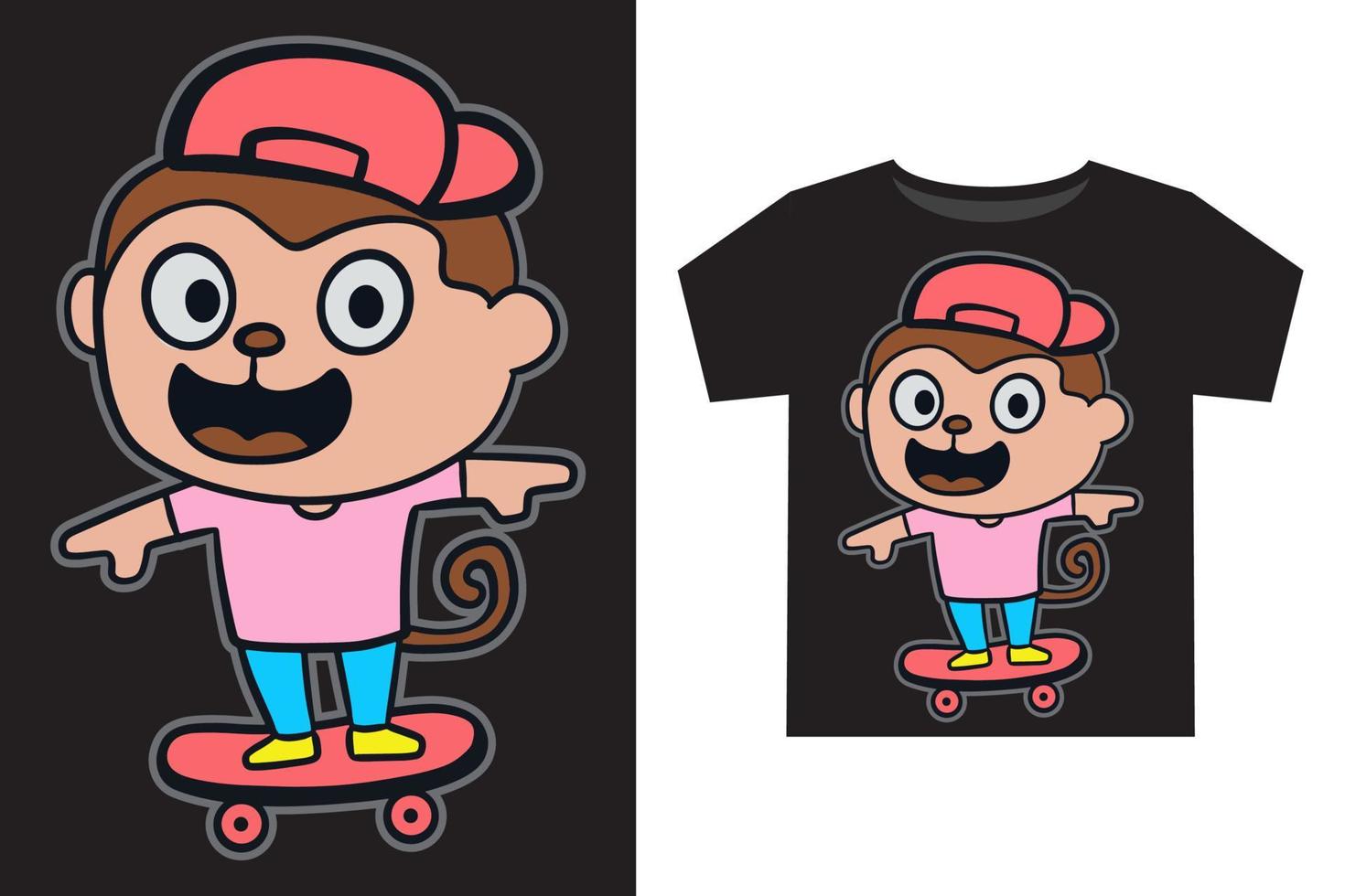 Hand drawn funny little monkey playing skateboard cartoon illustration for kids t shirt vector