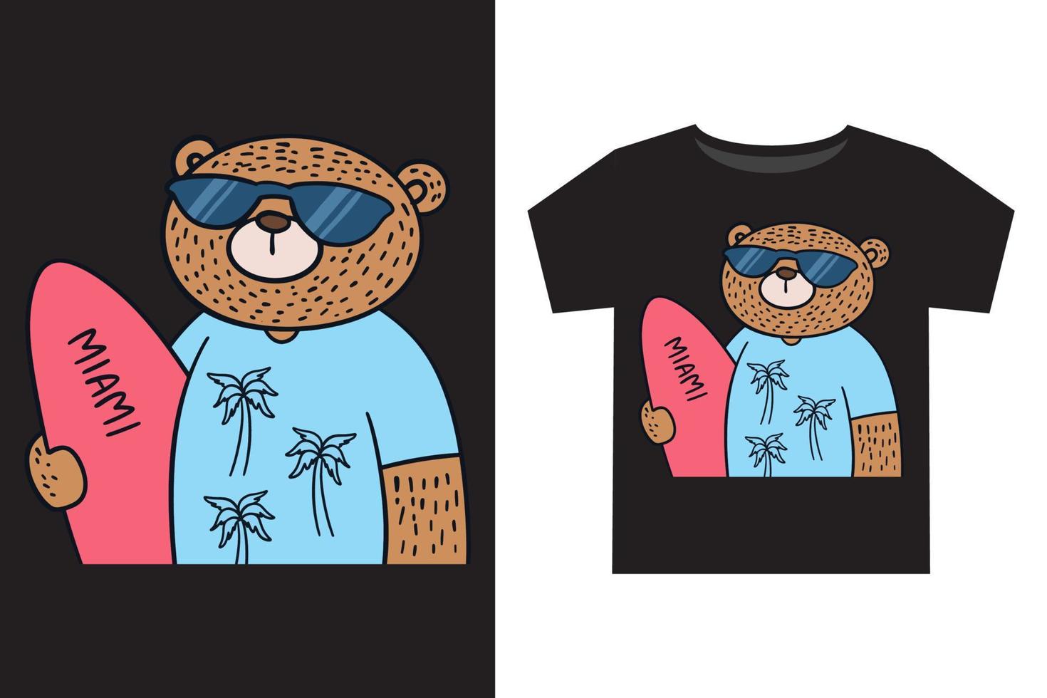 Hand drawn funny bear with surfboard cartoon illustration for kids t shirt vector