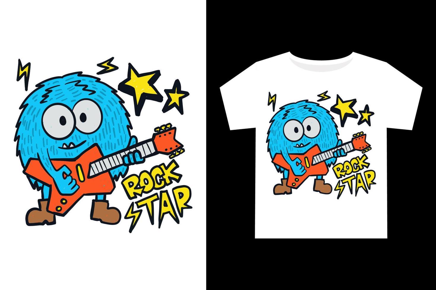 mano dibujado gracioso monstruo guitarrista dibujos animados para niños t camisa diseño vector