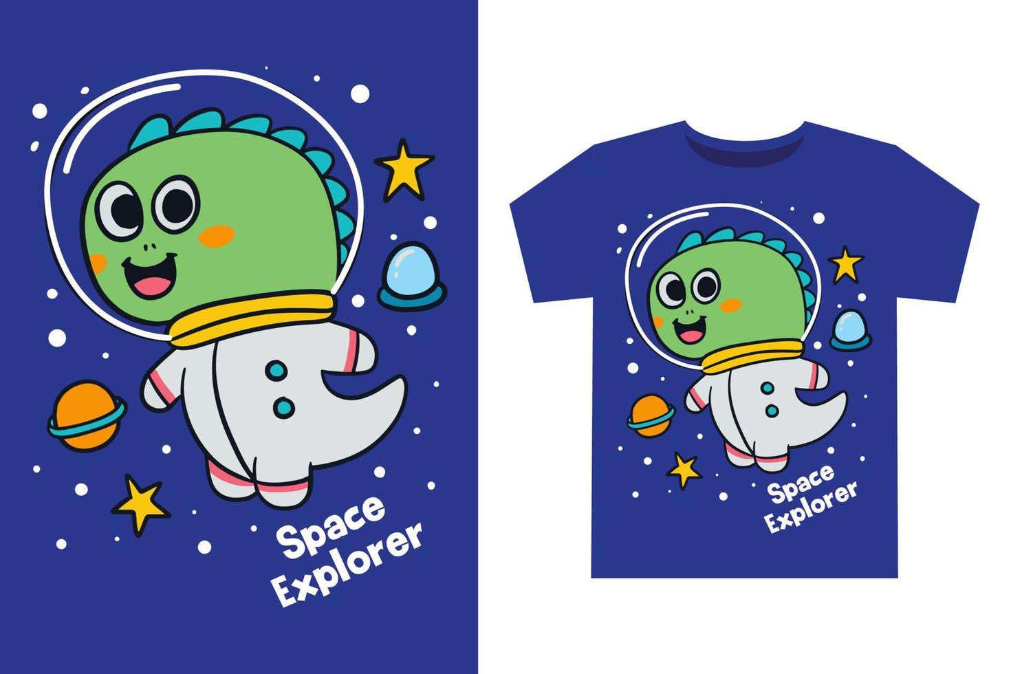 Little dino astronaut with space objects hand drawn cartoon illustration for kids t shirt design vector