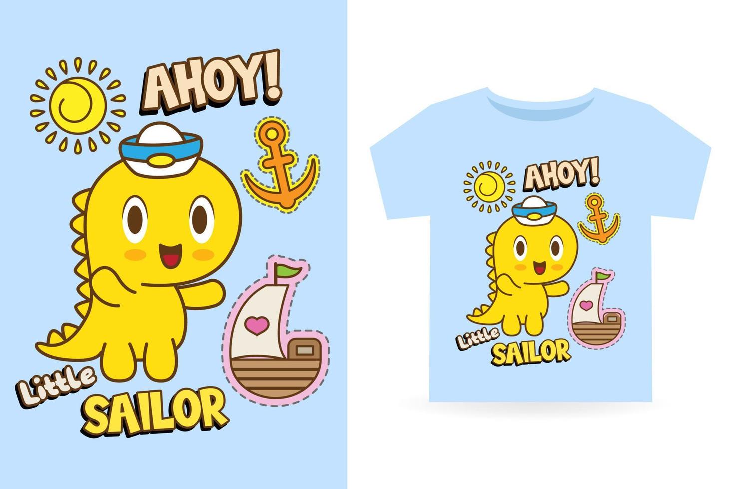 Hand drawn cute little dino sailor cartoon illustration for kids t shirt design vector