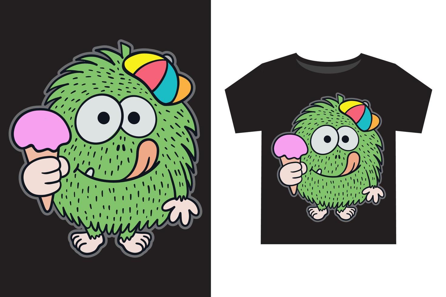 mano dibujado gracioso pequeño verde peludo monstruo con hielo crema ilustración para niños t camisa diseño vector