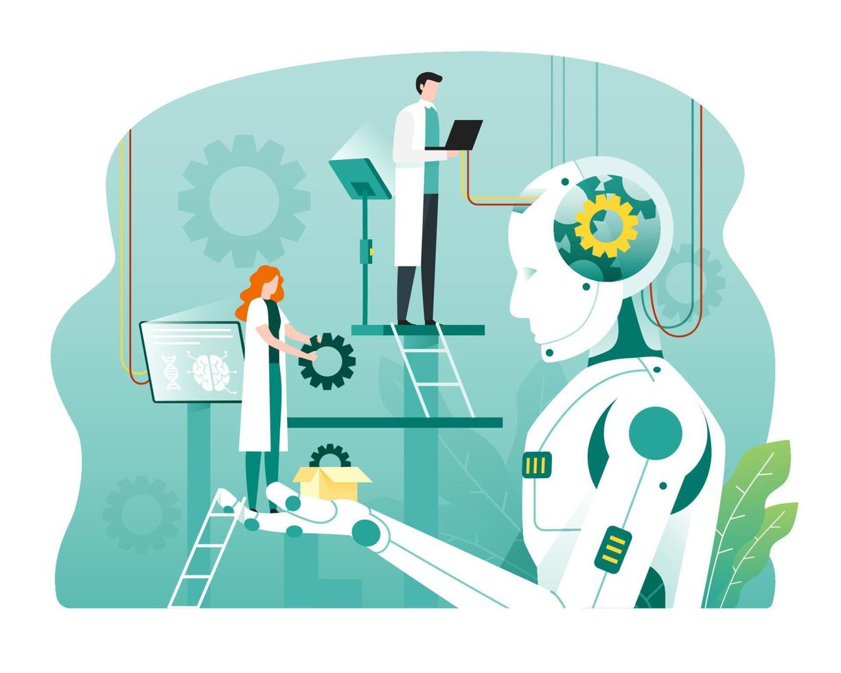 Artificial intelligence technology concept with robot and scientist illustration vector