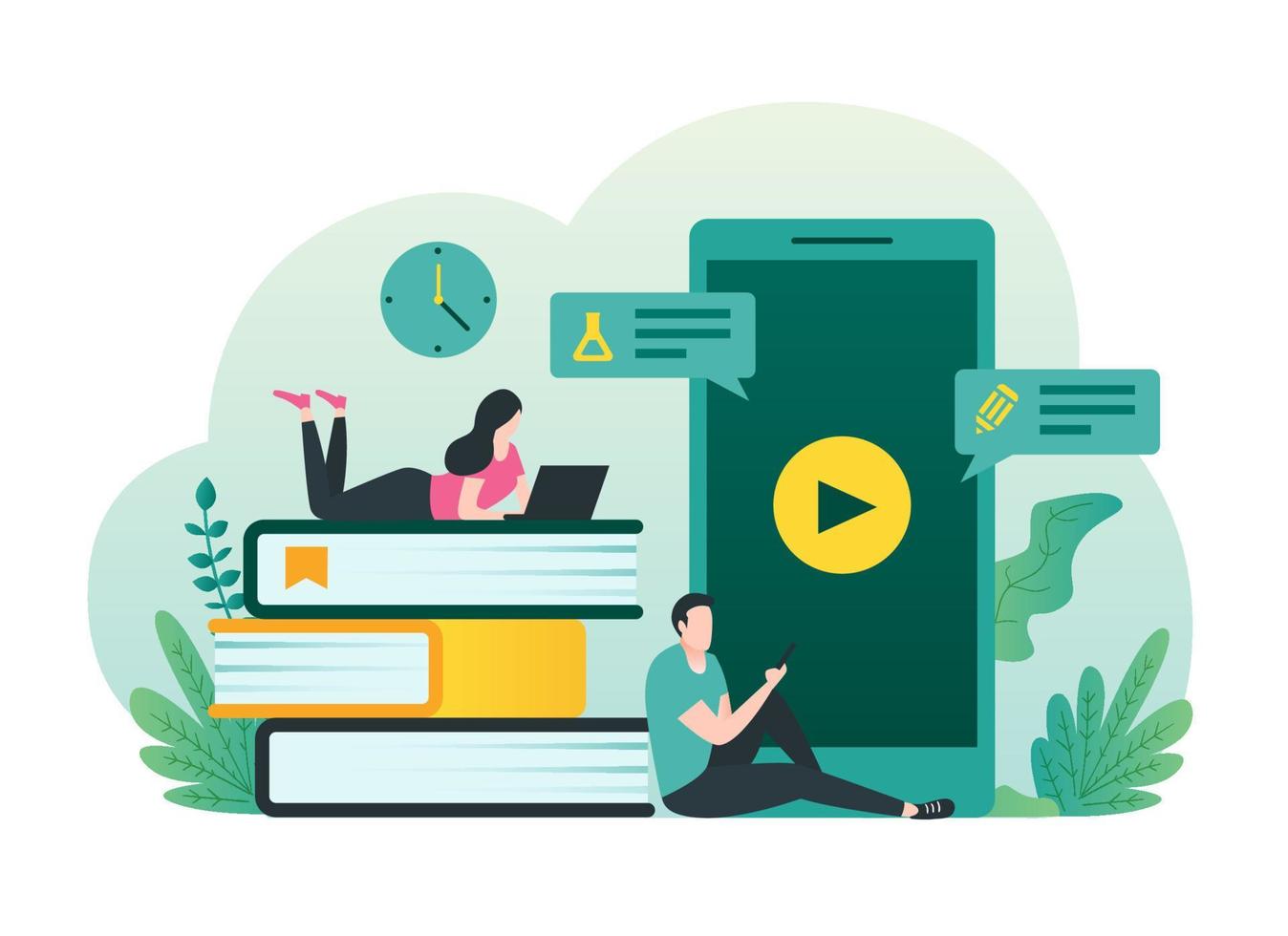Online education, e-learning, online course concept with students using laptop and smartphone illustration vector