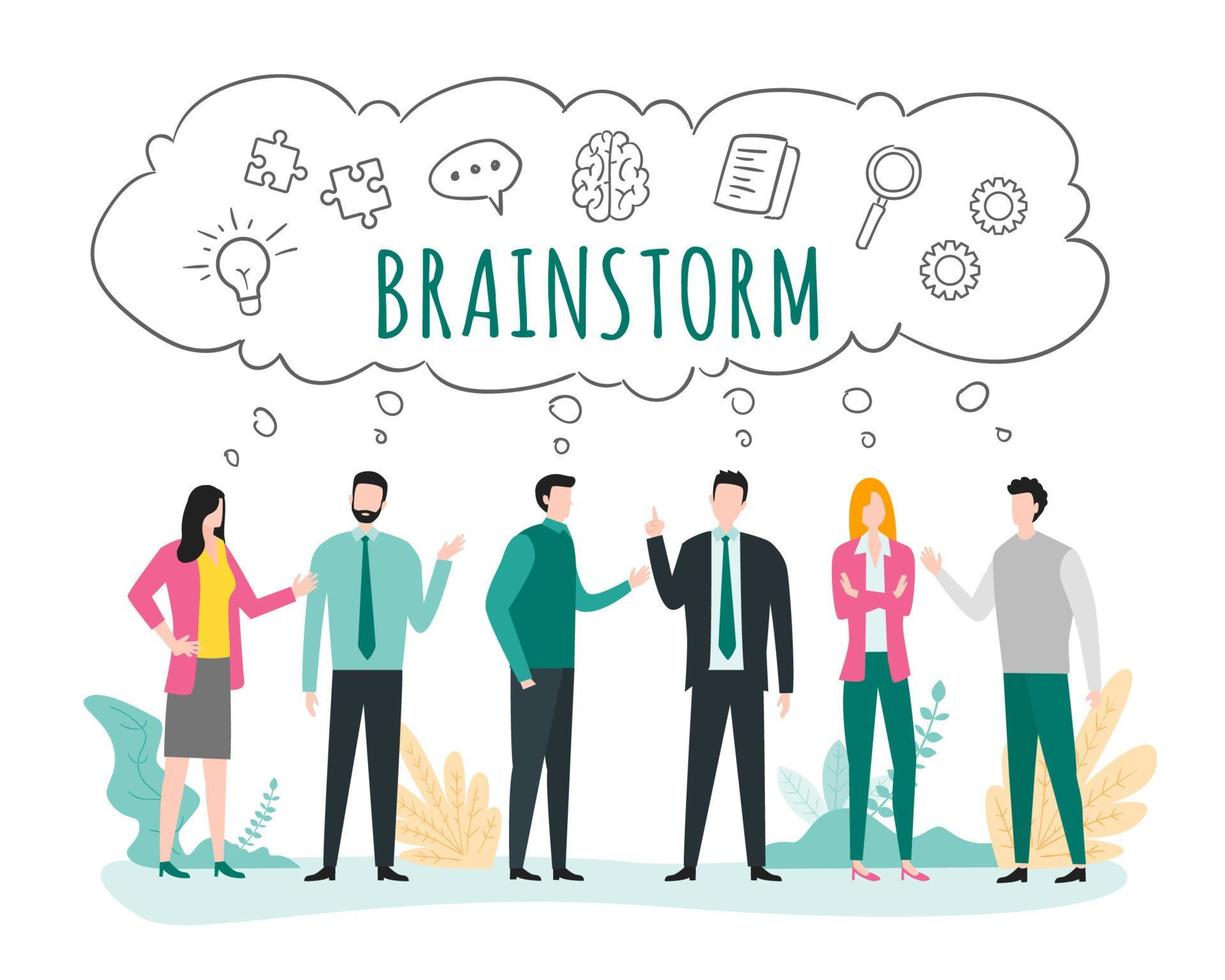 Illustration of business people talking and thinking. Brainstorm concept vector