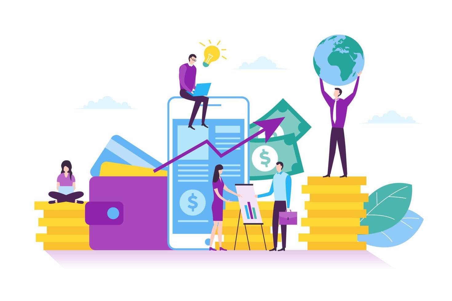 Illustration of online banking, smartphone mobile banking, digital investment and financial concept in modern flat design vector