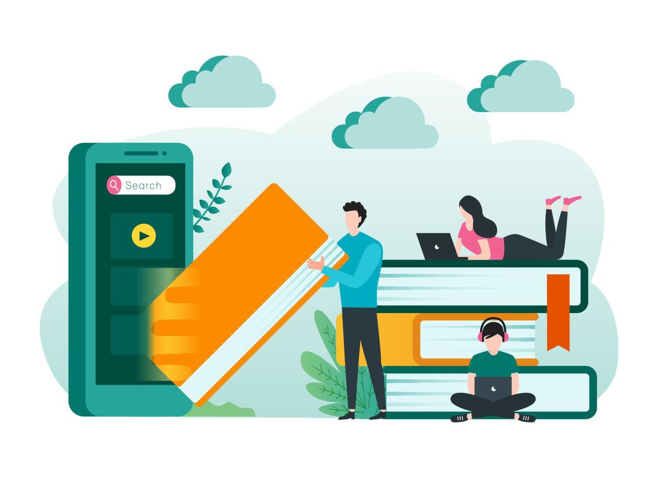 Online education, e-learning, online course concept. Students learning on line with electronic library and cloud computing vector