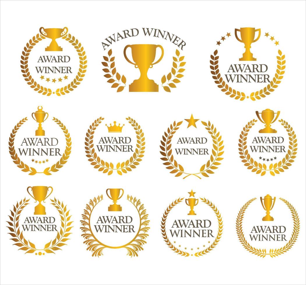 Award Winner emblem collection of gold laurel wreath black text vector