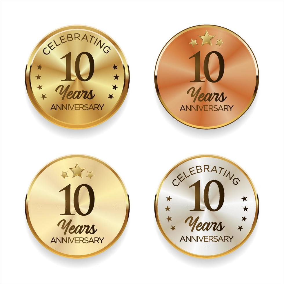 Collection of anniversary golden silver and bronze badge vector illustration