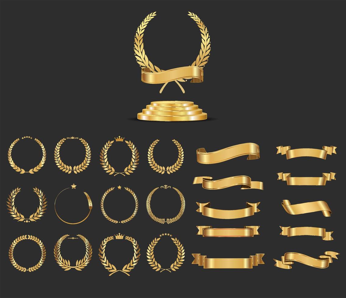 Collection of golden ribbons and laurel wreaths and gold podium vector illustration