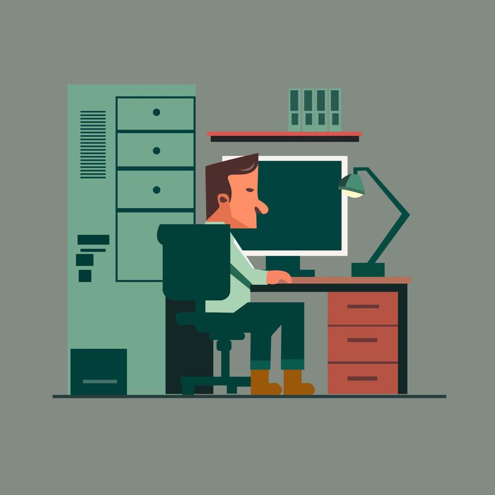 trabajador hombre frente de computadora plano ilustración vector