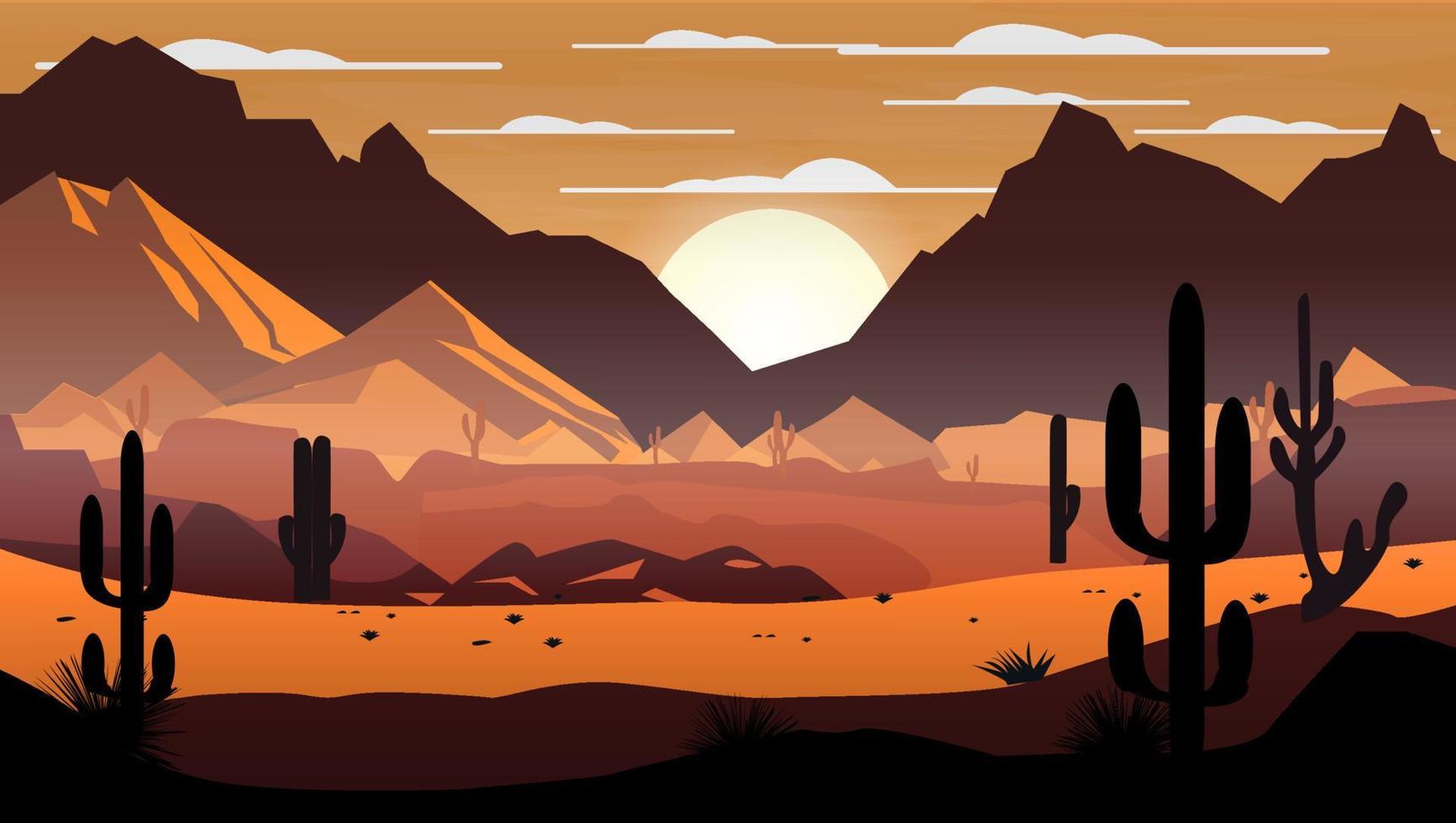 A cartoon illustration of a desert scene with a sunset in the background. vector