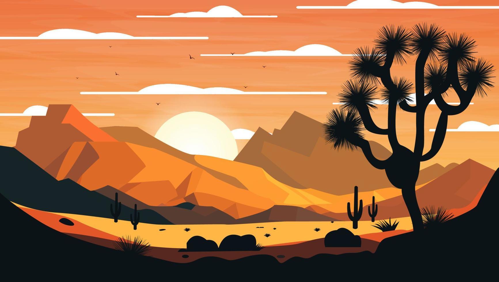 A cartoon illustration of a desert scene with a sunset in the background. vector