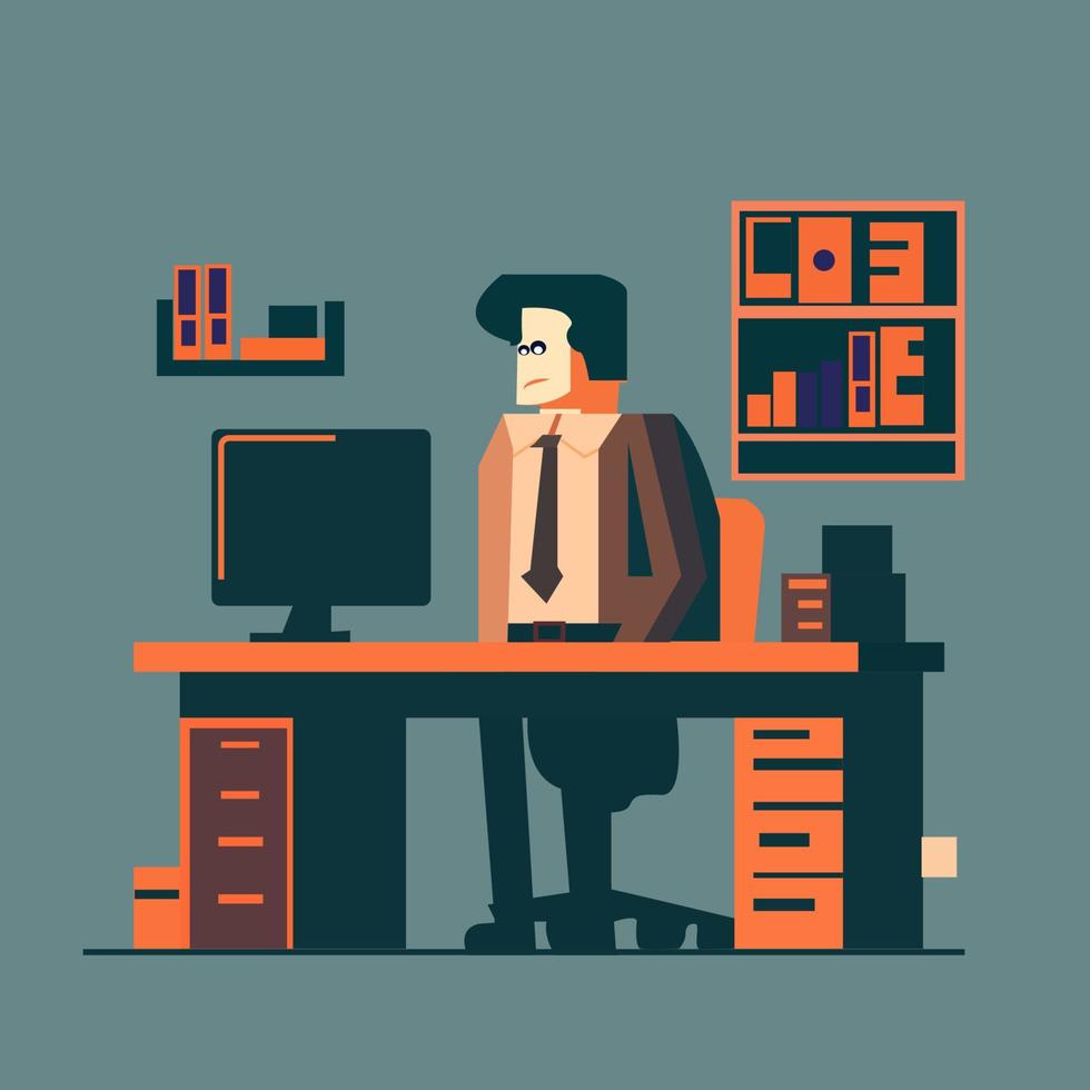 A man sits at a desk working flat illustration vector