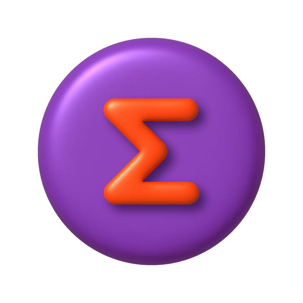 matemáticas 3d icono. naranja suma firmar en púrpura redondo botón. 3d realista diseño elemento. vector