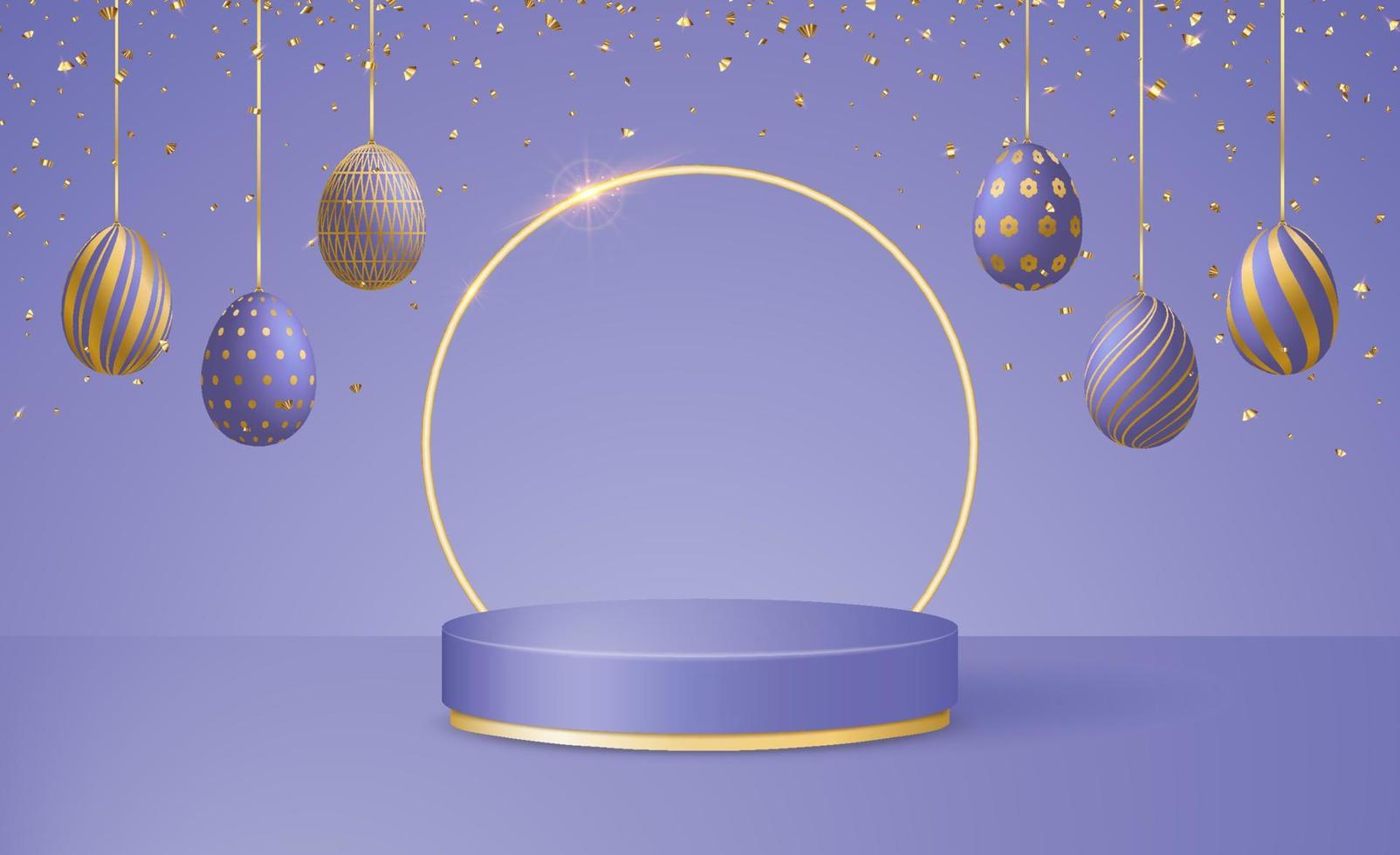 Happy Easter Day 3d scene with podium platform, Easter eggs garlands and confetti in trendy colors Very Peri. vector