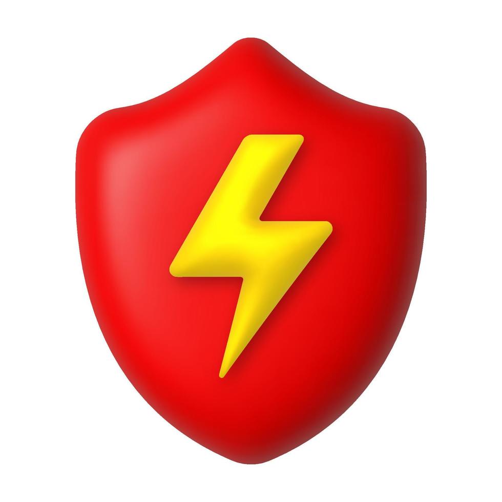 Golden lightning on a red shield. Protection concept. 3d realistic vector design element.