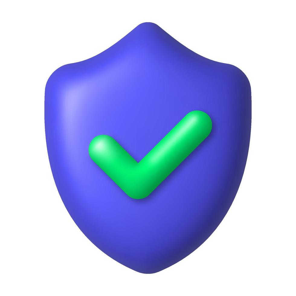 Green check mark on purple shield 3d icon. Security and protection concept. 3d realistic vector design element.