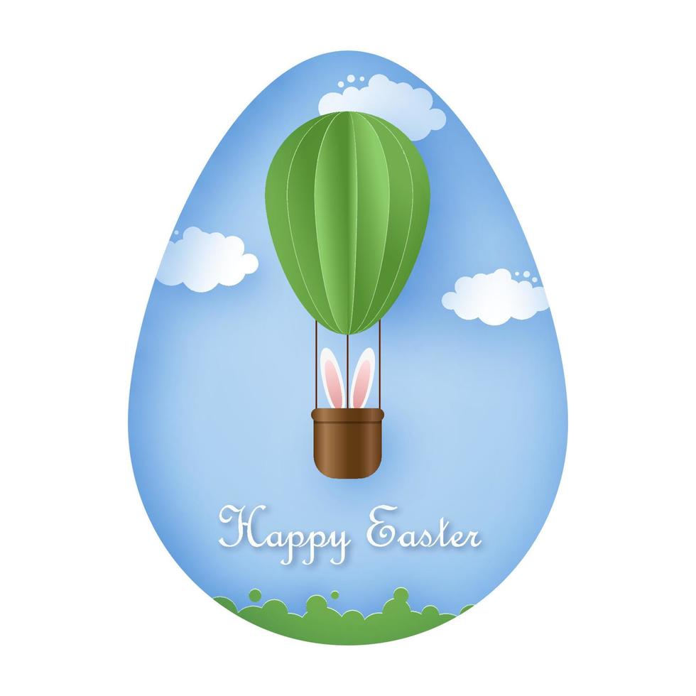 Happy Easter card with bunny flying on green hot air balloon on blue sky background. vector