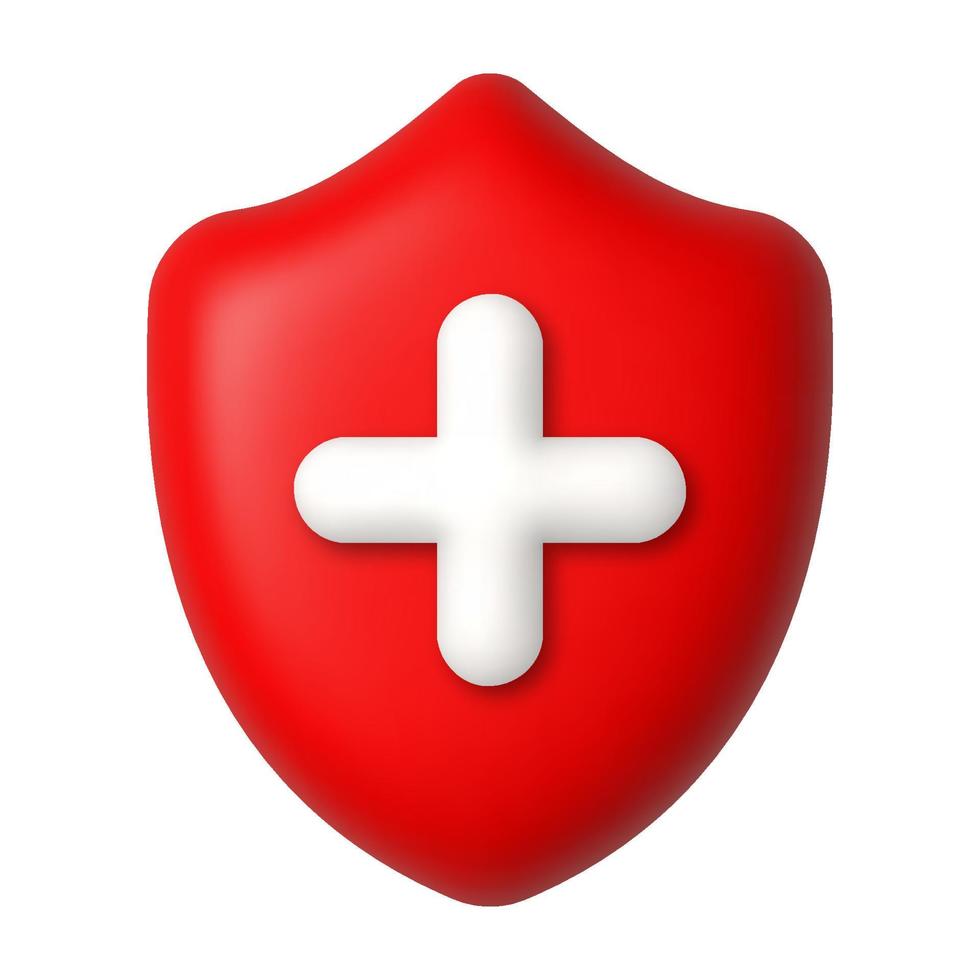 White cross on red shield 3d icon. Medicine and healthcare concept. 3d realistic vector design element.