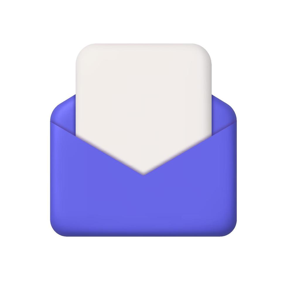 nuevo mensaje 3d icono. púrpura abierto correo sobre con sábana de papel. 3d realista vector diseño elemento.