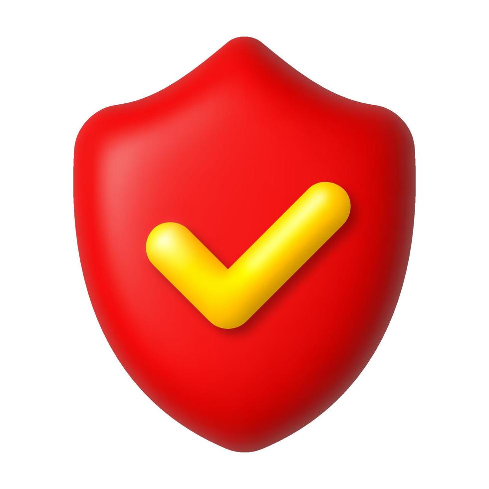 Yellow check mark on red shield 3d icon. Security and protection concept. 3d realistic vector design element.