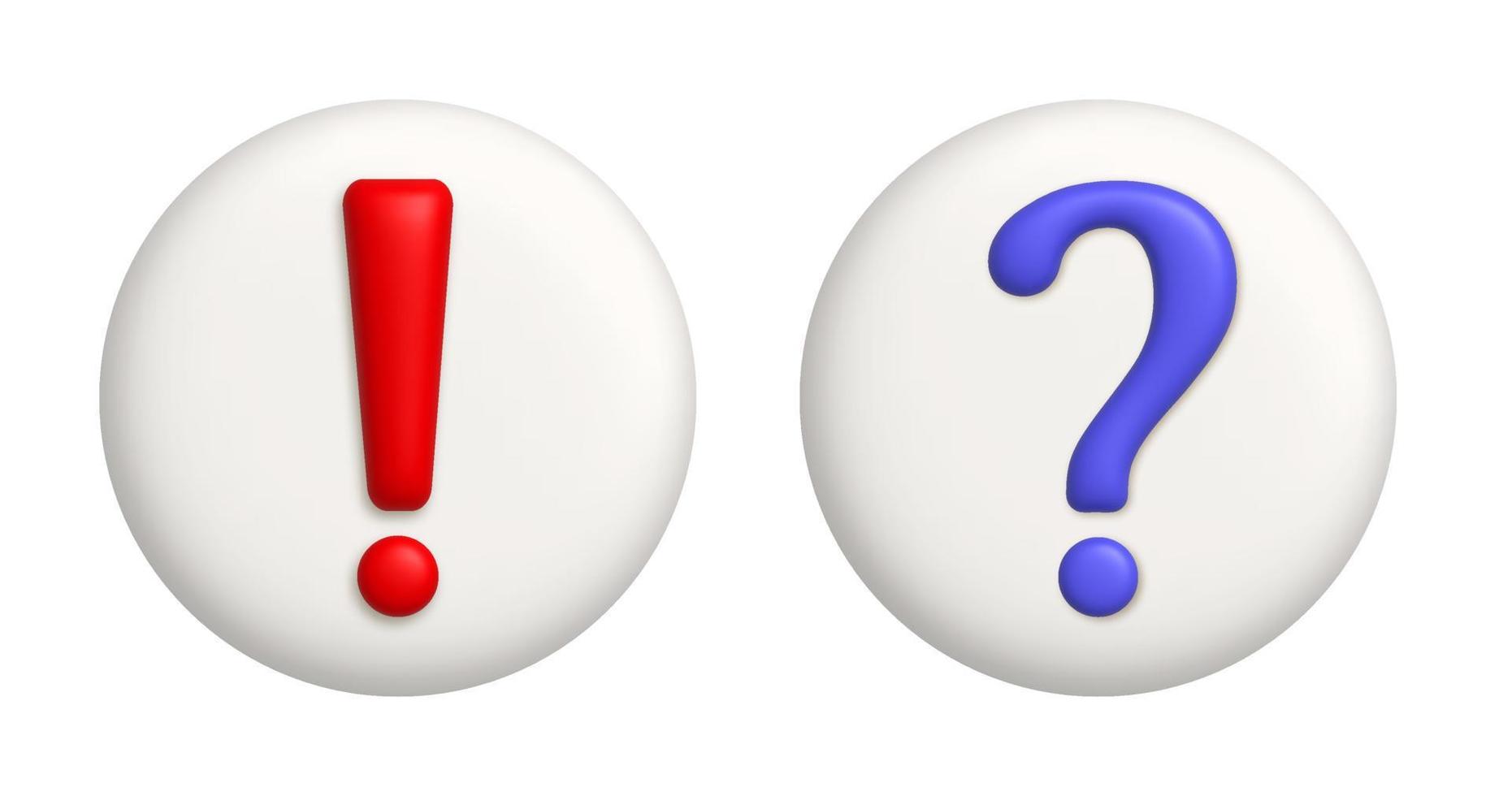 Exclamatory and interrogative mark. 3d icons on white round button. 3d vector realistic design element.