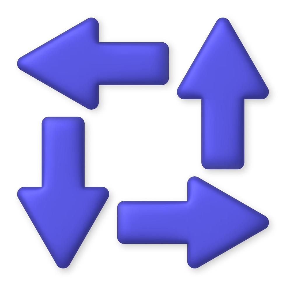 Set of purple arrows. Up, down, right, left. 3d realistic design element. Vector illustration.