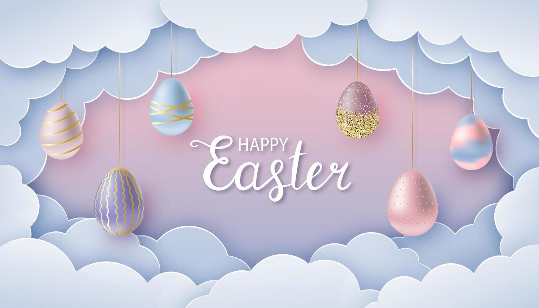 Happy Easter greeting card in paper cut style. vector