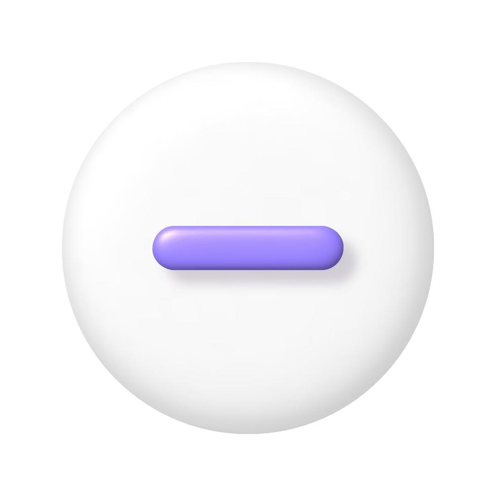 Math 3D icon. Purple arithmetic minus sign on white round button. 3d realistic design element. vector
