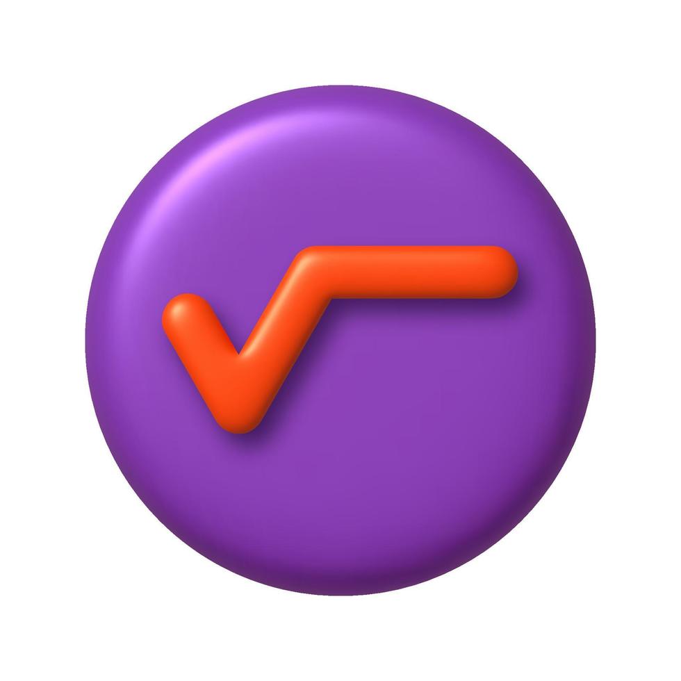 Math 3D icon. Orange square root sign on purple round button. 3d realistic design element. vector