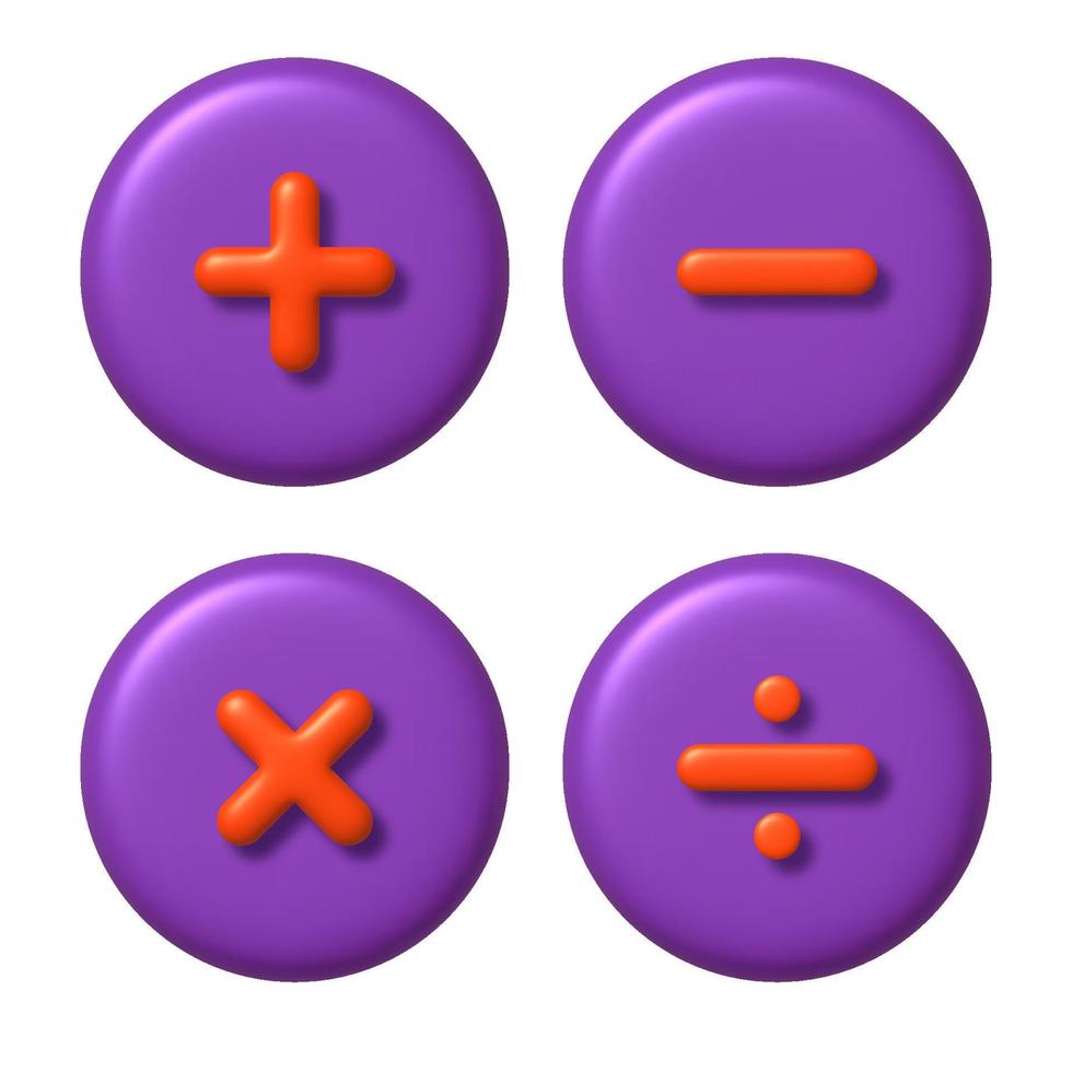 Math 3D icon. Set of orange addition, subtraction, multiplication and division signs on purple round buttons. 3d realistic design element. vector