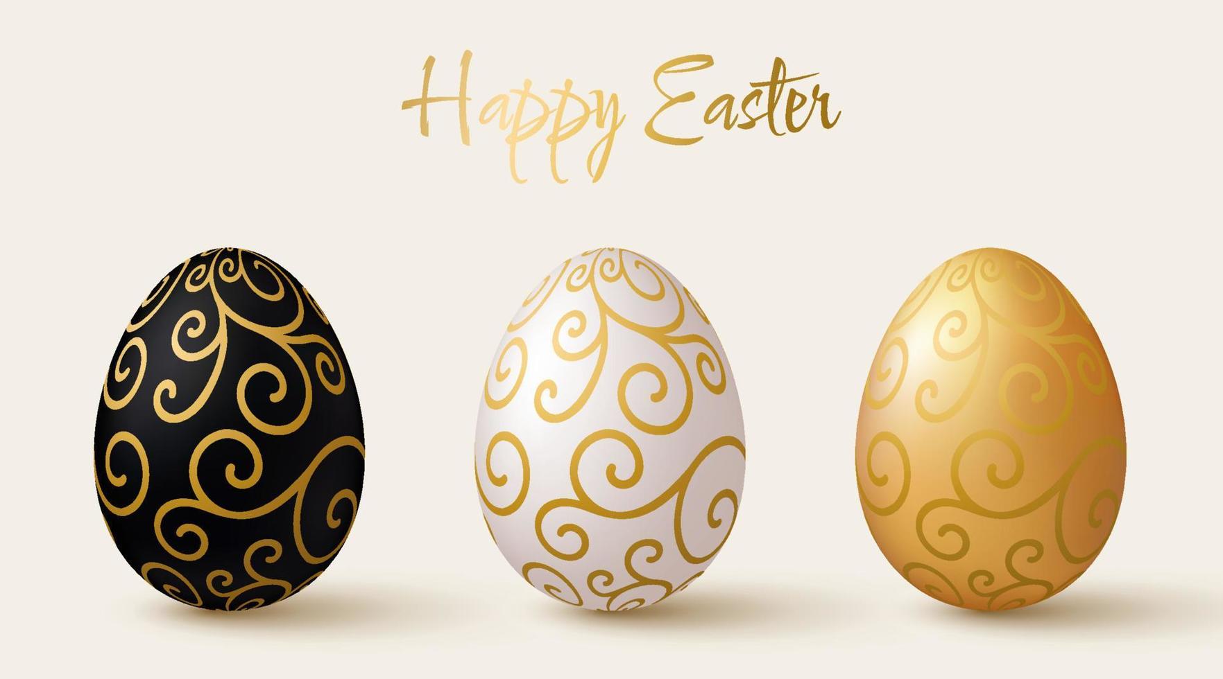 Easter eggs set. Black, white and gold 3d design elements with gold pattern. vector