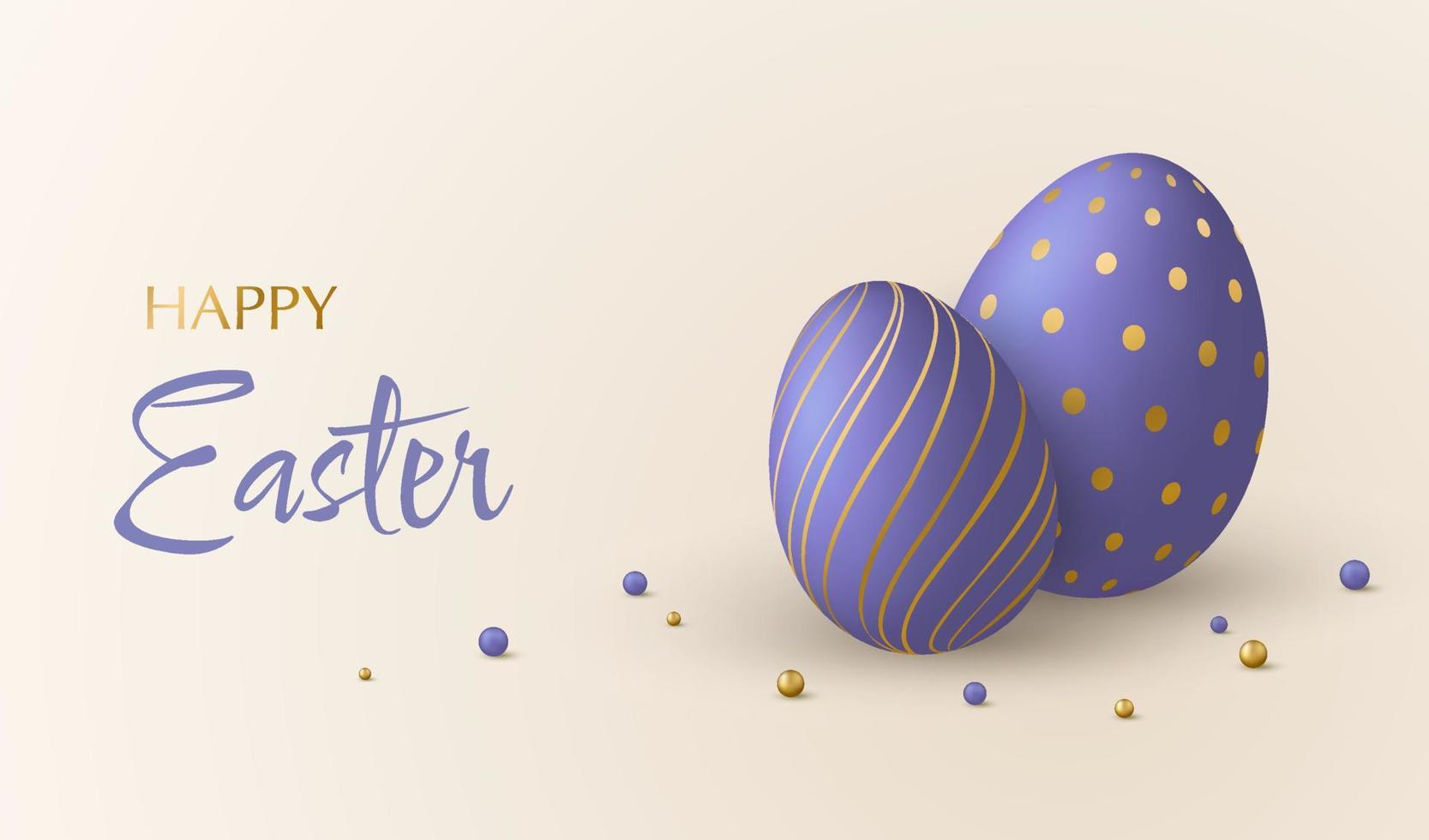 contento Pascua de Resurrección fiesta bandera. púrpura y oro 3d huevos y decorativo pelotas. vector