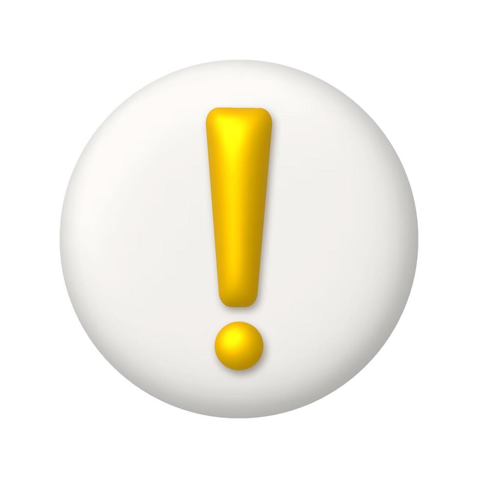 Golden exclamation mark symbol on a white button. Attention or caution sign icon. 3d realistic design element. vector