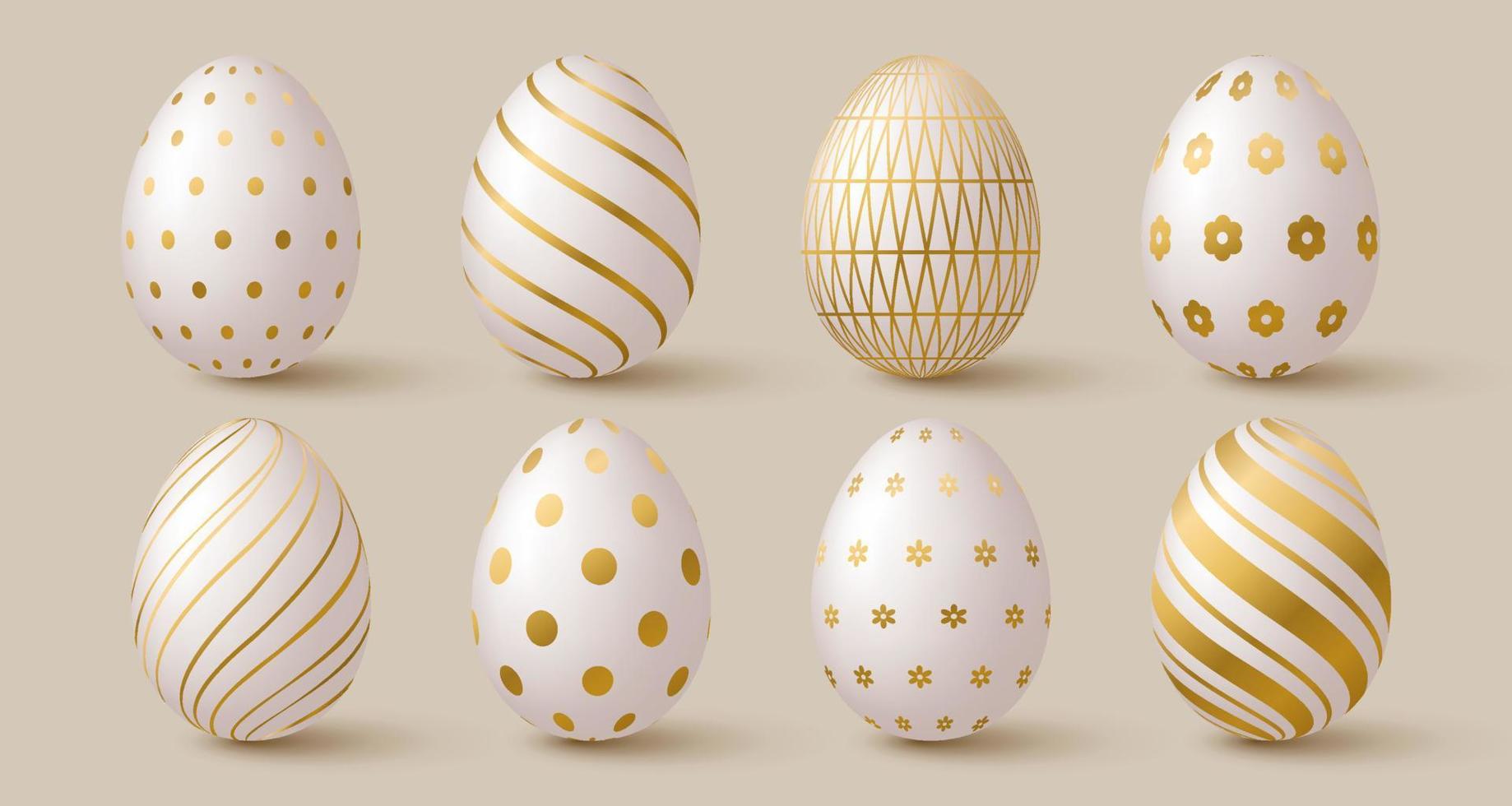 Easter eggs collection. White and gold 3d elegant design elements. vector