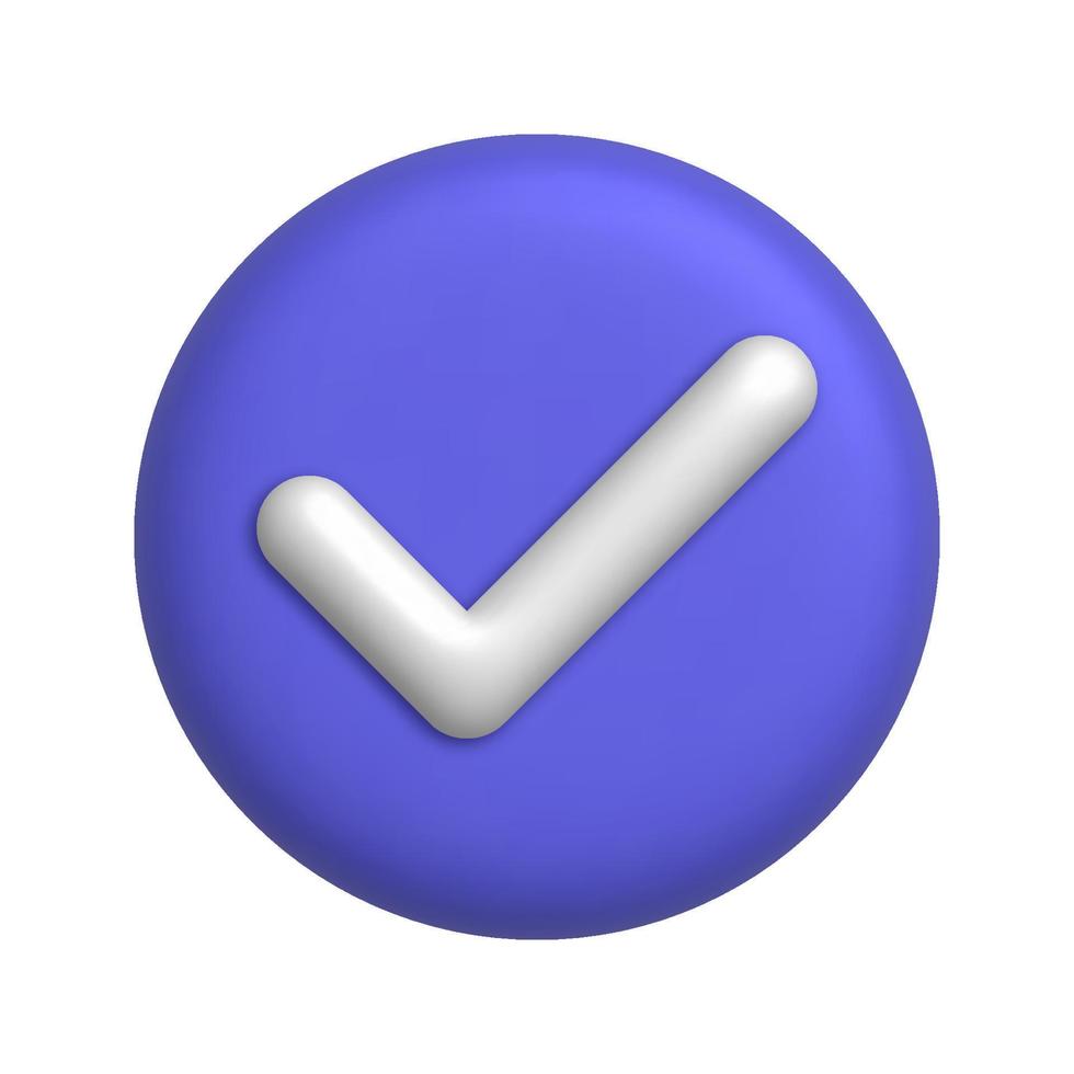 White check mark icon on purple round button. 3d realistic design element. vector