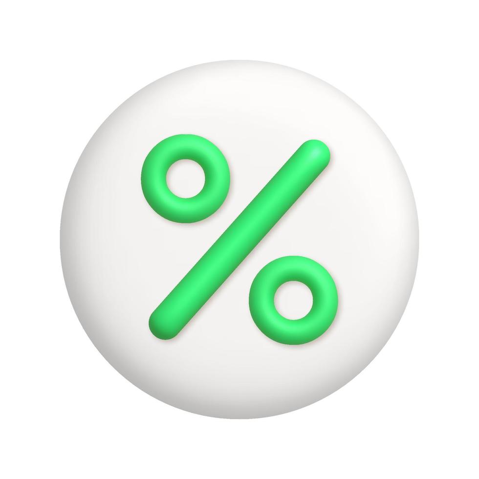 Green percent sign on white button. business and science icon. 3d realistic vector design element.