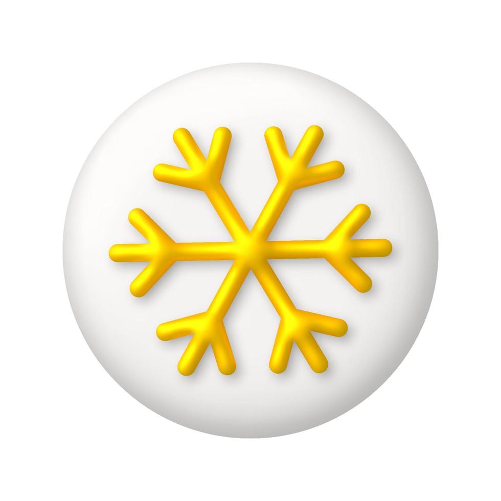 Golden snowflake sign on white button. 3d realistic vector design element.