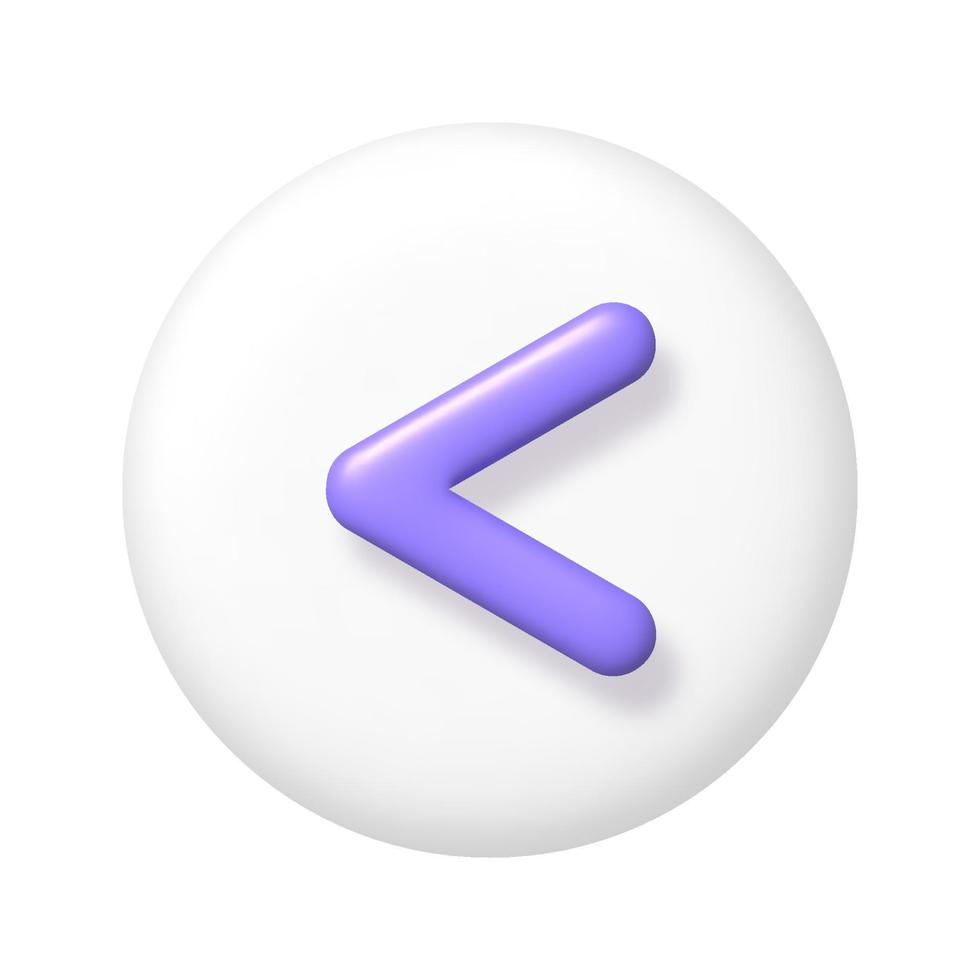 Math 3D icon. Purple arithmetic less than sign on white round button. 3d realistic design element. vector