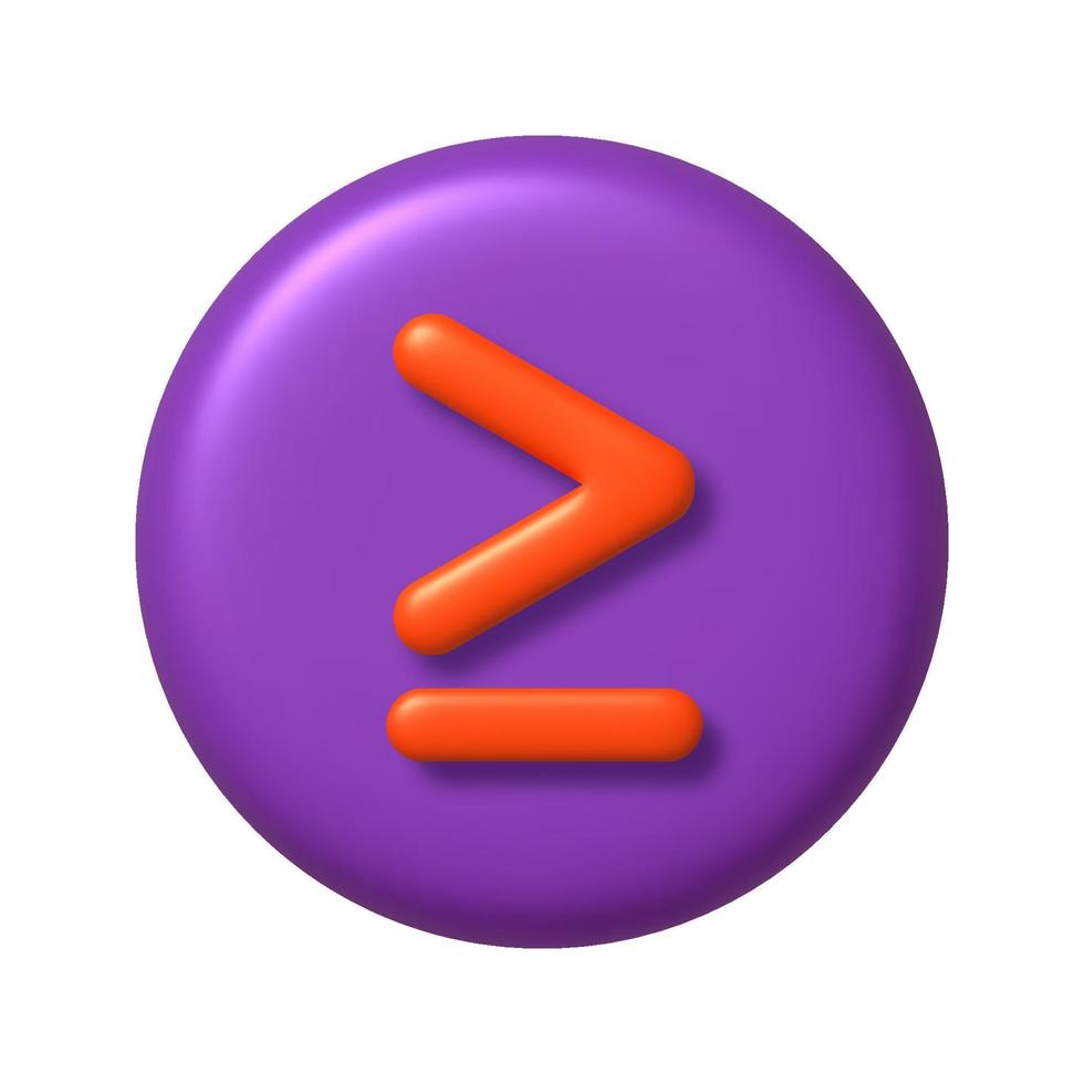 Math 3D icon. Orange arithmetic greater than or equal sign on purple round button. 3d realistic design element. vector