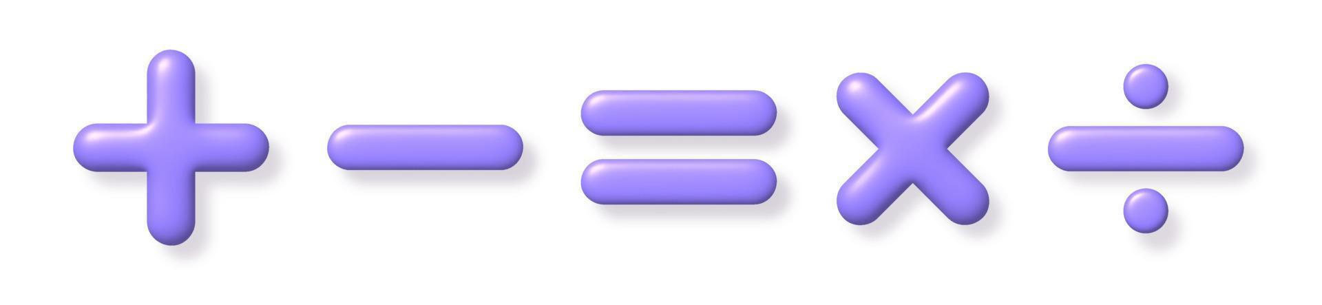 Math 3D icon set. Purple arithmetic plus, minus, equals, multiply and divide signs on white background with shadow. Vector illustration.