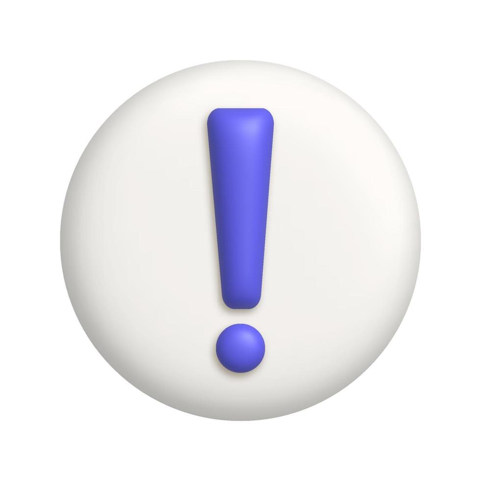 Purple exclamation mark symbol on a white button. Attention or caution sign icon. 3d realistic design element. vector