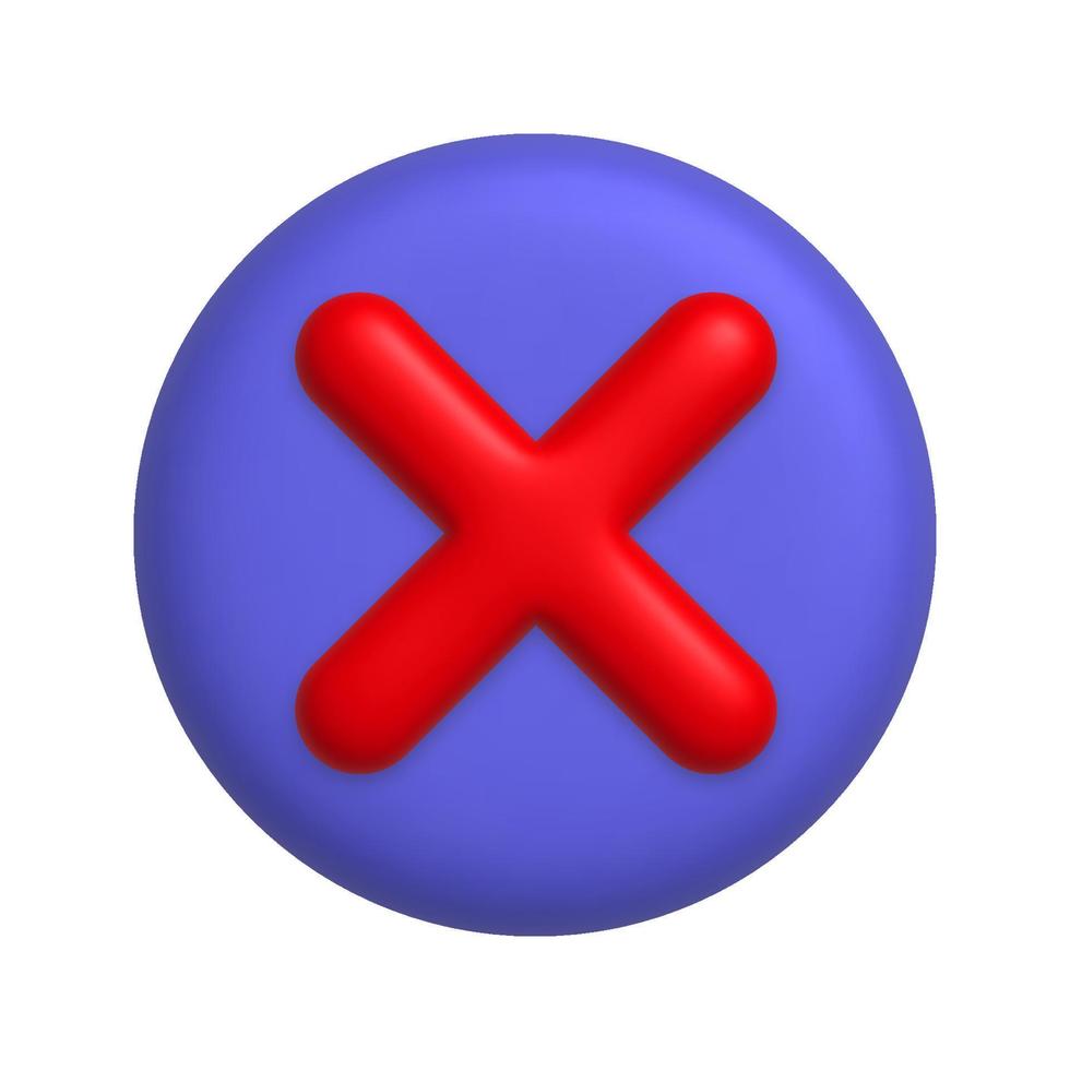 rojo cancelar cruzar marca icono en redondo púrpura botón. 3d realista diseño elemento. vector
