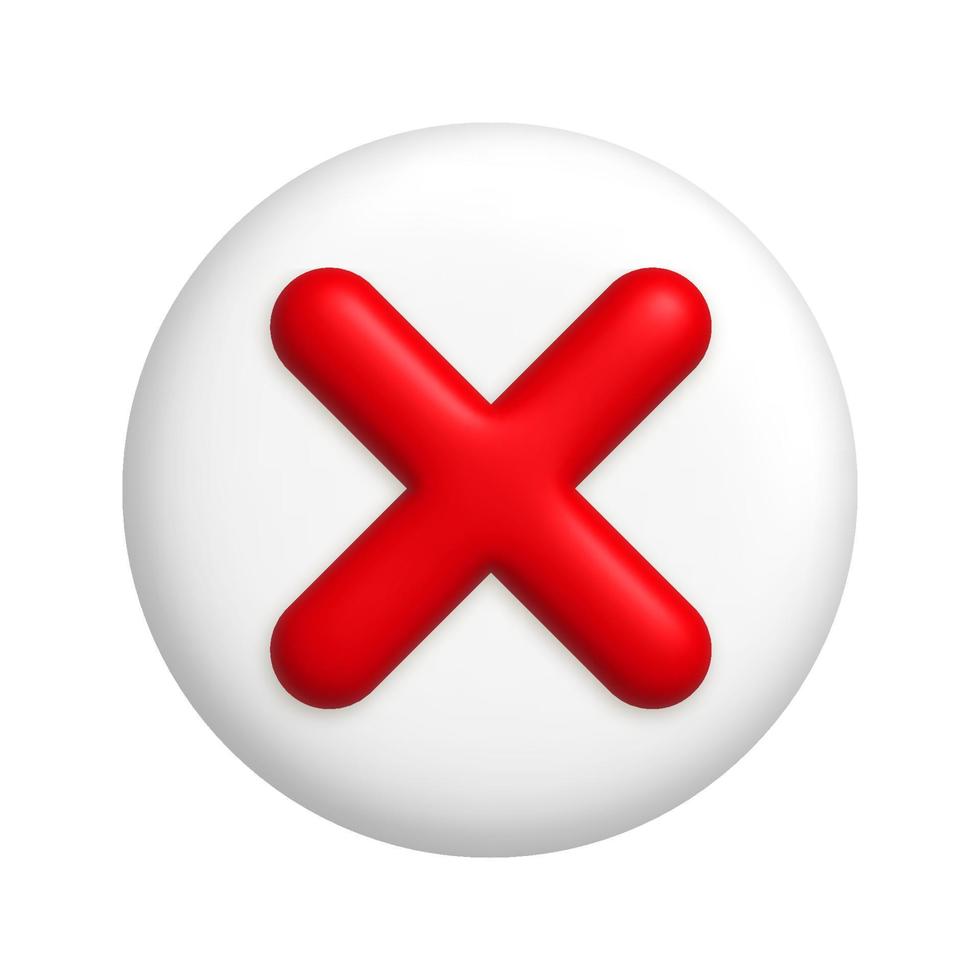 Red cancel cross mark icon on round white button. 3d realistic design element. vector