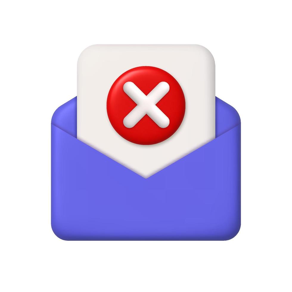 nuevo mensaje 3d icono. púrpura abierto correo sobre, papel y rojo botón con cruzar marca. 3d realista vector diseño elemento.