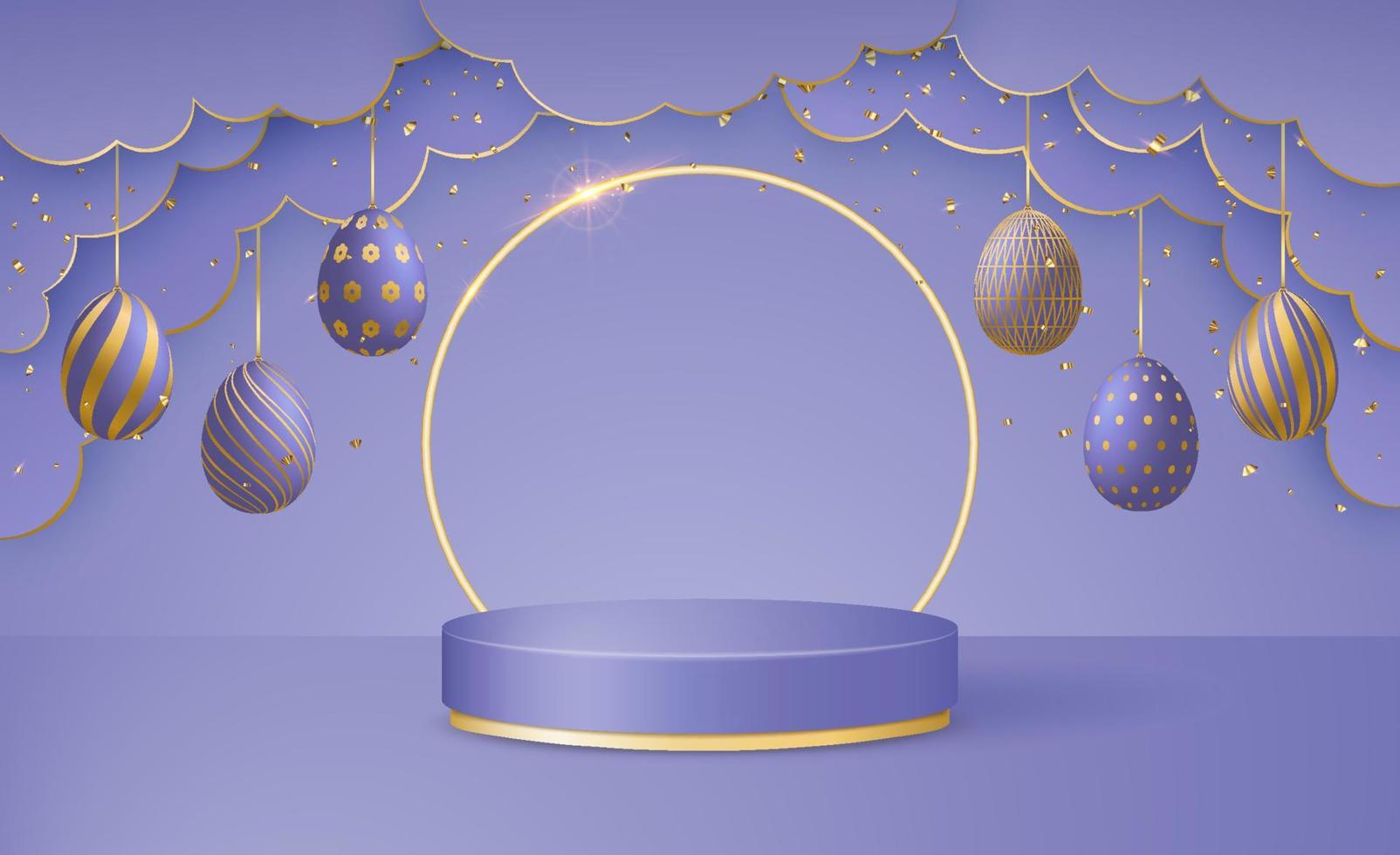 Happy Easter Day 3d scene with paper cut clouds, podium platform, Easter eggs garlands and confetti in trendy colors Very Peri. vector