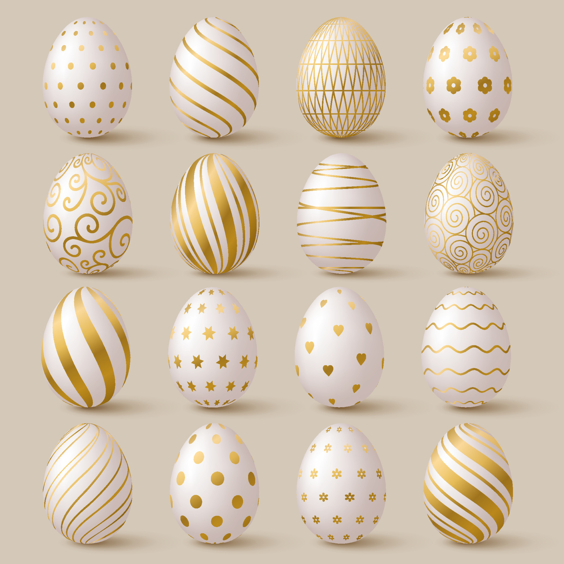 Easter egg collection. White and gold 3d elegant design elements