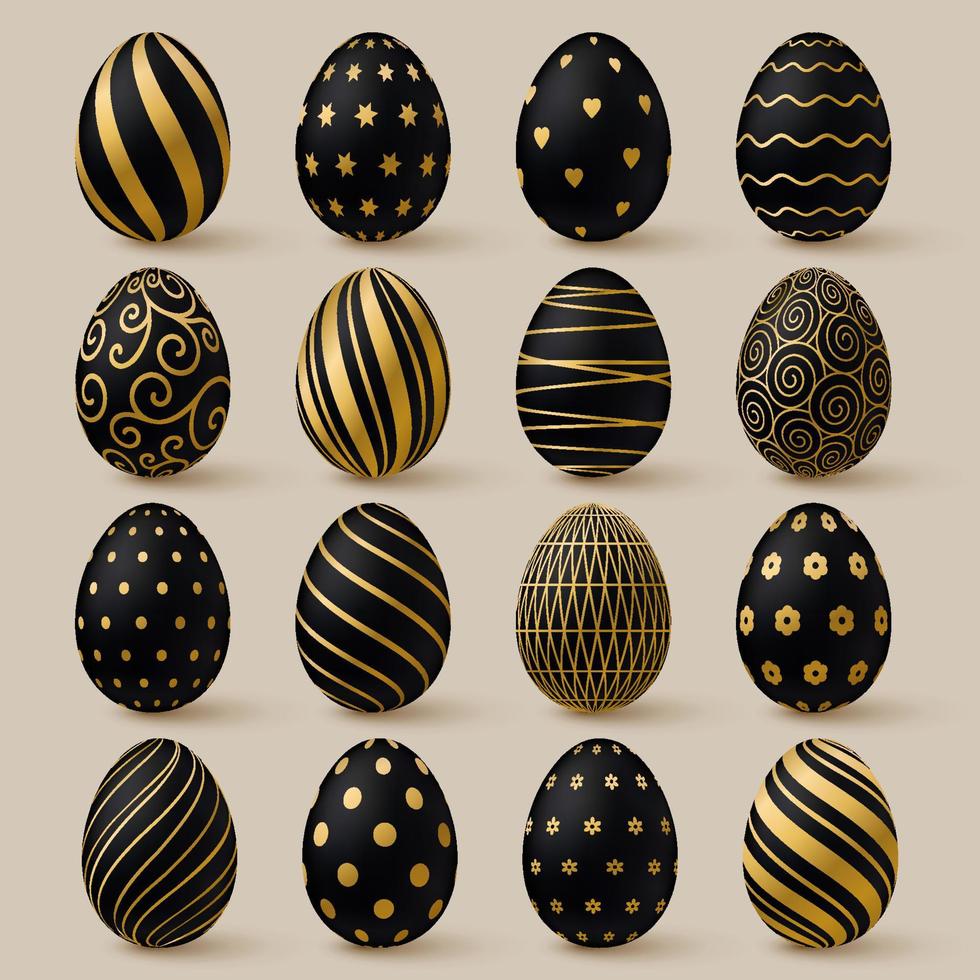 Easter eggs collection. Black and gold 3d elegant design elements. vector
