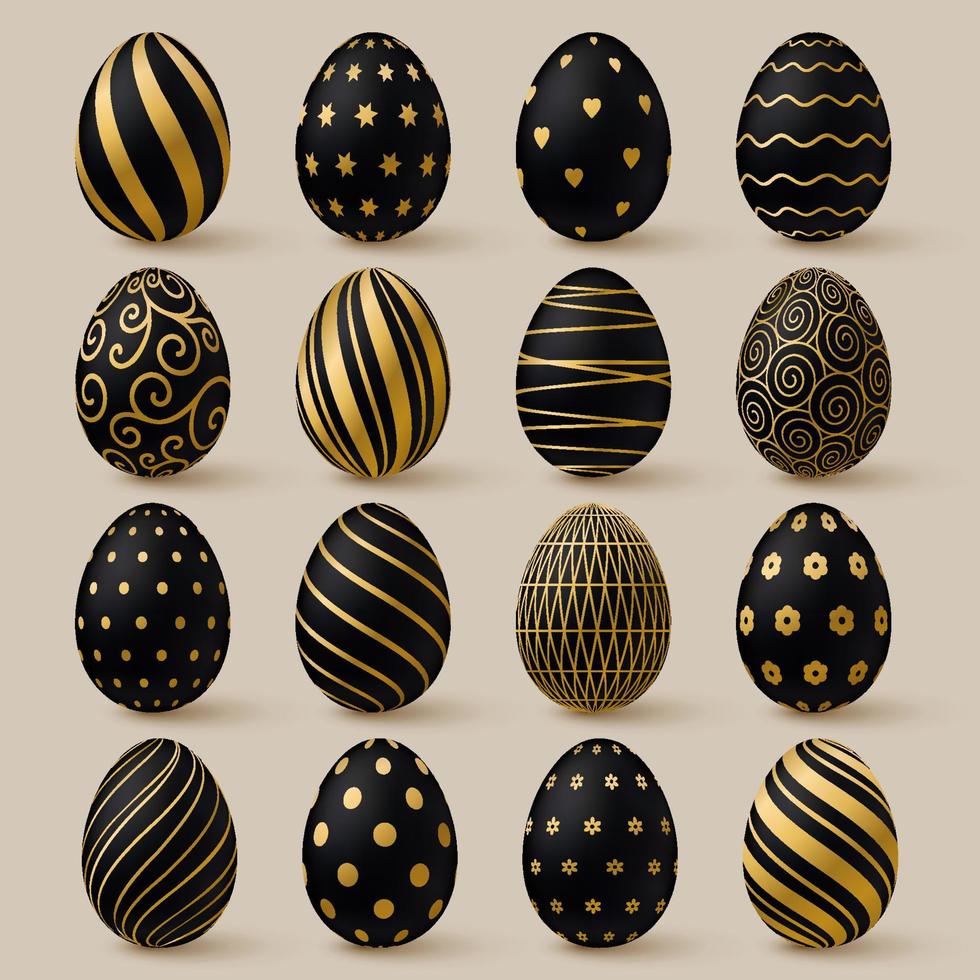 Pascua de Resurrección huevos recopilación. negro y oro 3d elegante diseño elementos. vector